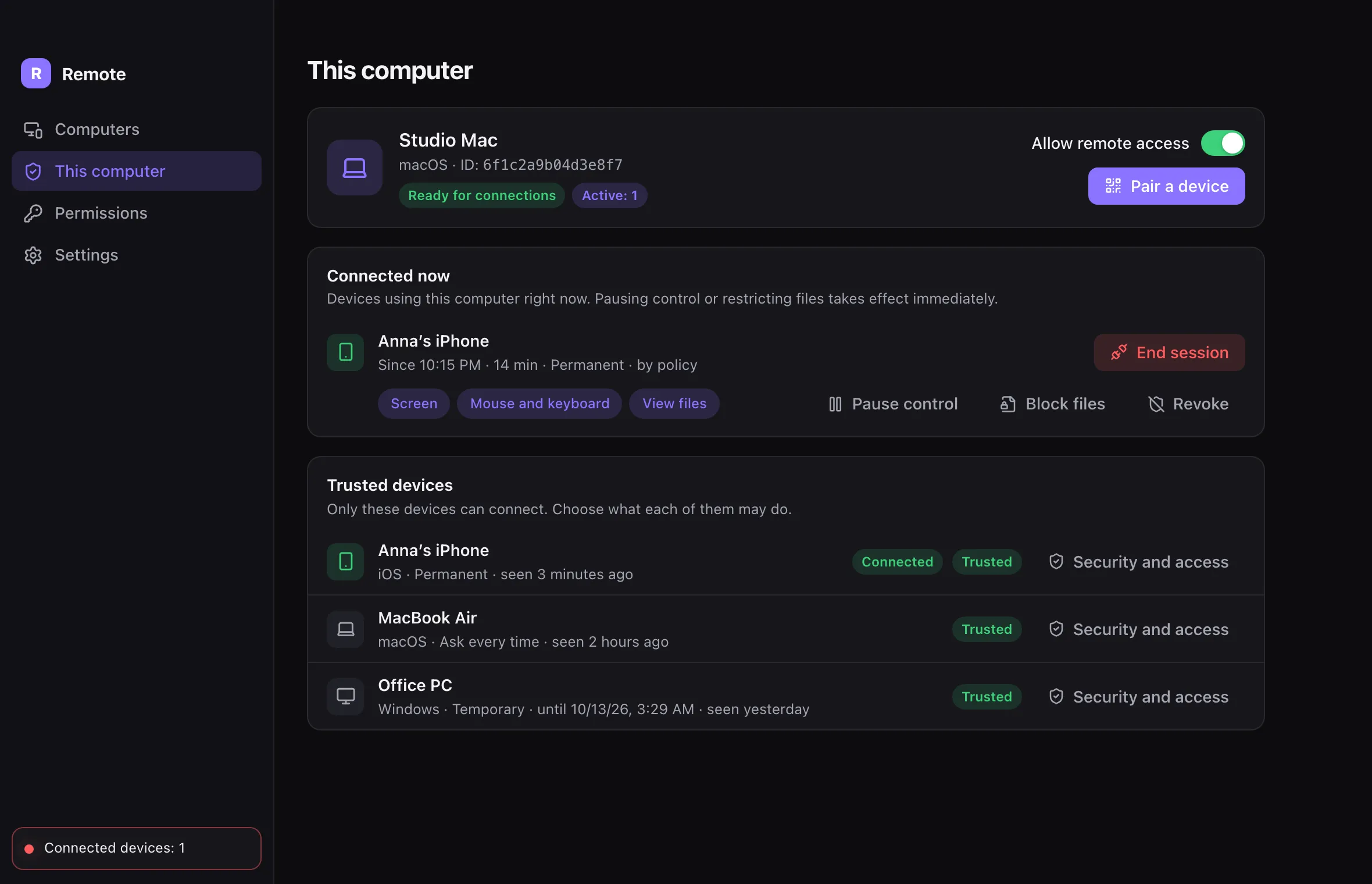 ErtiDesk desktop app: this computer, connected devices and trusted devices
