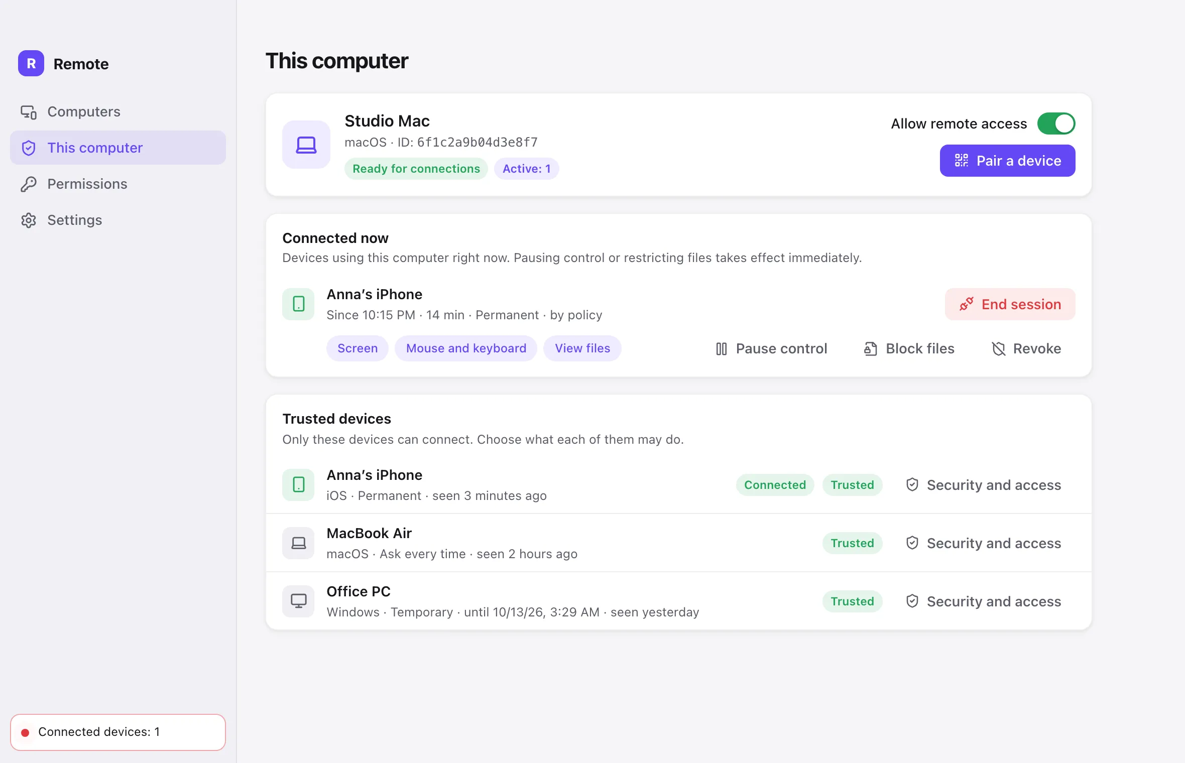 ErtiDesk desktop app: this computer, connected devices and trusted devices