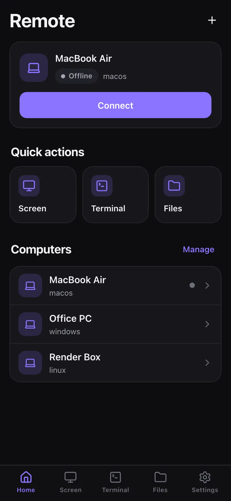 ErtiDesk iPhone app with paired computers and quick actions