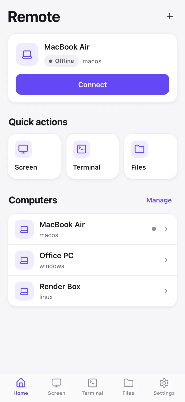 ErtiDesk iPhone app with paired computers and quick actions